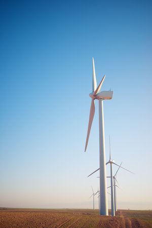 Wind turbine generators for clean electrical energy production in Zaragoza province, Aragon in Spainの写真素材