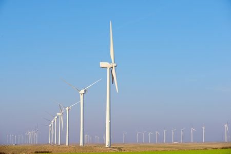 Wind turbine generators for sustainable electrical energy production in Zaragoza, Spainの写真素材