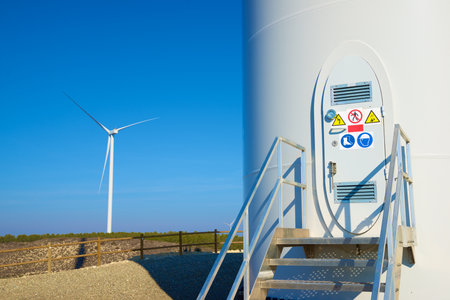 Wind turbines generators for sustainable electrical energy production in Zaragoza Province, Aragon in Spainの写真素材