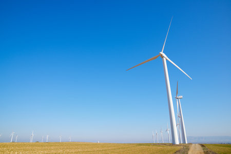 Wind turbine generators for green electrical energy production in Zaragoza province, Aragon, Spain.の写真素材