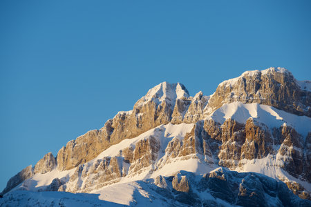 Snowy winter peak in the Pyrenees at Candanchu, Canfranc Valley, Huesca province, Aragon in Spain.の写真素材