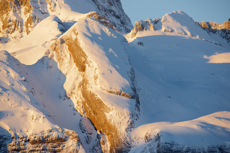 Snowy winter peak in the Pyrenees at Candanchu, Canfranc Valley, Huesca province, Aragon in Spain.の写真素材