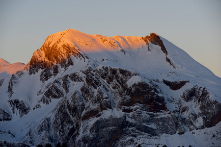 Snowy winter peak in the Pyrenees at Candanchu, Canfranc Valley, Huesca province, Aragon in Spain.の写真素材