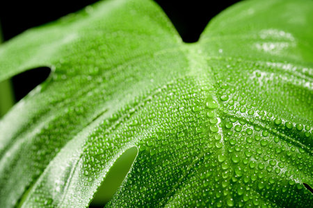 Close up of a monstera leaf with dropletsの写真素材