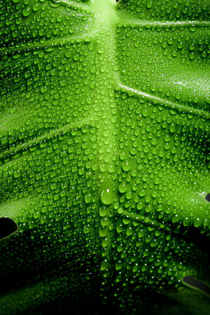 Close up of a monstera leaf with dropletsの写真素材