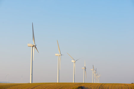 Wind turbine generators for sustainable electrical energy production in Zaragoza, Spainの写真素材
