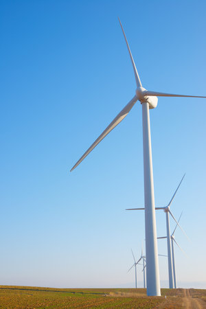 Wind turbine generators for clean electrical energy production in Zaragoza province, Aragon in Spainの写真素材