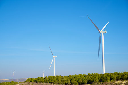 Wind turbines generators for sustainable electrical energy production in Zaragoza Province, Aragon in Spainの写真素材