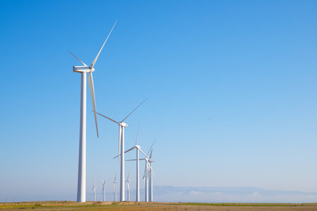 Wind turbine generators for green electrical energy production in Zaragoza province, Aragon, Spain.の写真素材