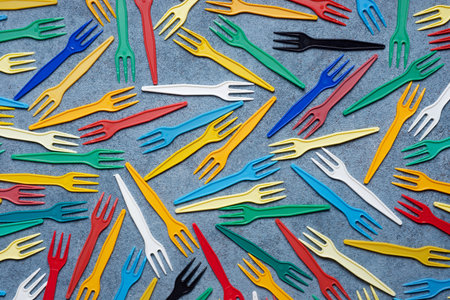 Small disposable plastic forks on a tableの写真素材