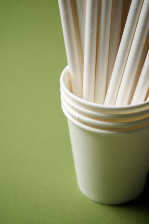 Disposable drinking straws made of cardboard in a glass on a green tableの写真素材