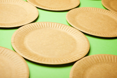 Pieces of disposable cardboard dishes on a green tableの写真素材