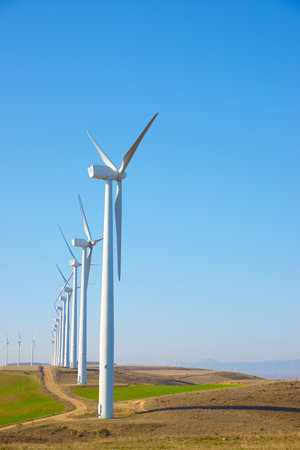 Wind turbine generators for green electrical energy production in Zaragoza province, Aragon, Spain.の写真素材