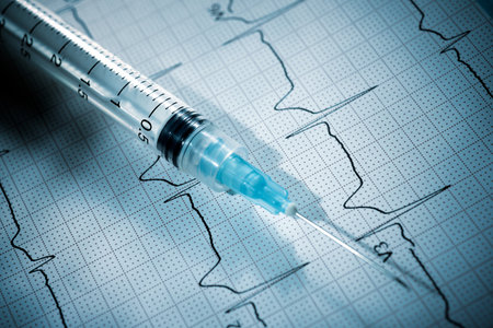 Closeup of a syringe on paper electrocardiogramの写真素材