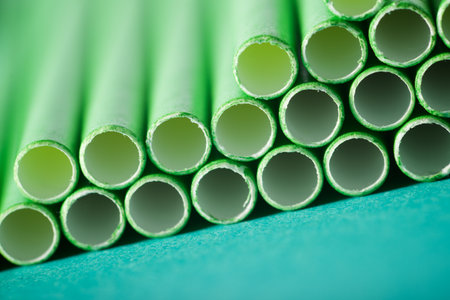 Close-up of disposable drinking straws made of cardboard on a green tableの写真素材