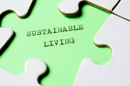 Sustainable living text written with a typewriter in a white puzzleの写真素材