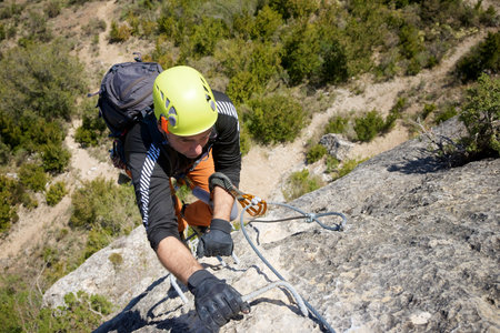 Climbing a ferrata route in Calcena, Zaragoza province, Aragon in Spainの写真素材