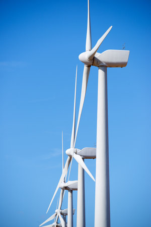 Wind turbine generators for clean electrical energy production in Zaragoza Province, Aragon in Spainの写真素材