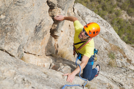 A man climbing a route in Morata de Jalon, Zaragoza Province, Aragon in Spainの写真素材