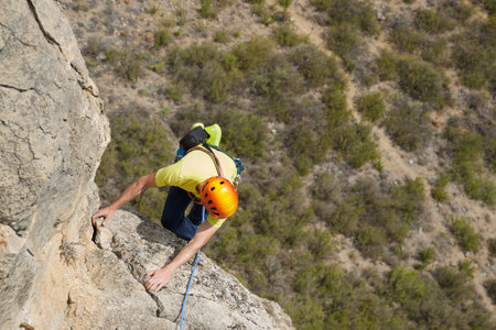 A man climbing a route in Morata de Jalon, Zaragoza Province, Aragon in Spainの写真素材