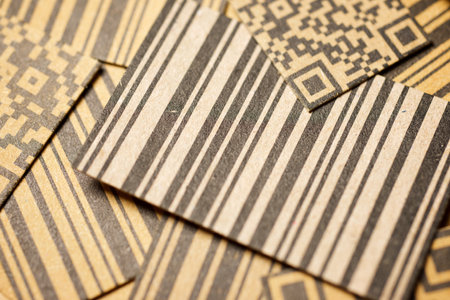 Close up of a barcodes and qr codes printed on brown cardboardの写真素材
