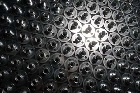 Close up of a group of tee nuts for fixing metal screws to wooden partsの写真素材