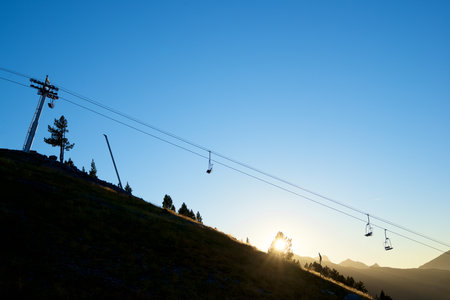 Empty chairlift during the summer in Canfranc Valley, Aragon in Spain.の写真素材