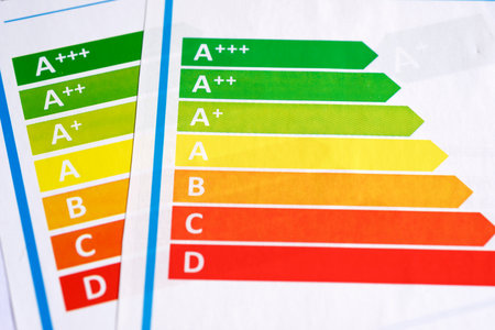 Close-up of the EU label indicating the energy efficiency of a household applianceの写真素材
