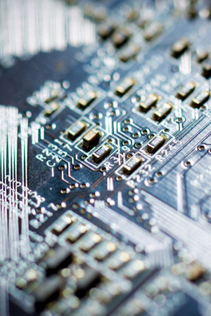 Close up of a blue computer integrated circuitの写真素材
