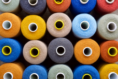 Close up of multicolored bobbins of sewing threadの写真素材