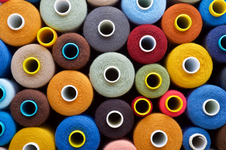 Close up of multicolored bobbins of sewing threadの写真素材