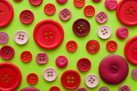 Close up of a huge group of blue-toned buttons on a green tableの写真素材