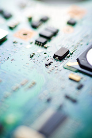 Close up of a blue and green computer integrated circuitの写真素材