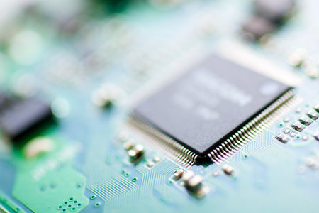Close up of a blue and green computer integrated circuitの写真素材