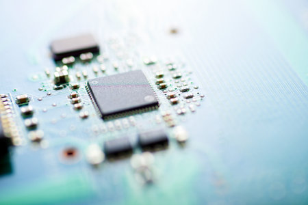 Close up of a blue and green computer integrated circuitの写真素材