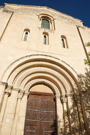 View of the main entrance to the Romanesque church of San Millan in Segovia city, Castilla Leon in Spain.の写真素材
