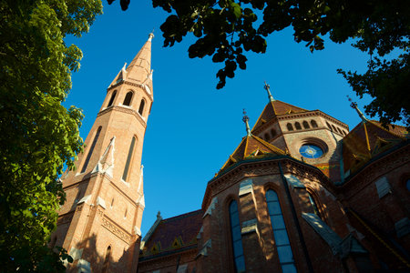 Exterior view of the neogothic church Szilagyi Dezso Square Reformed in Budapest, Hungary.の写真素材