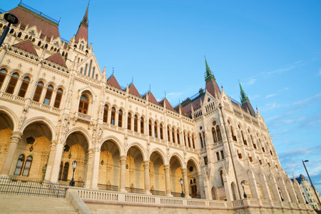 Closeup of an exterior view of the national parliament in Budapest, Hungary.の写真素材