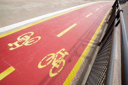 Close up of a bike path on an urban street in Hungary