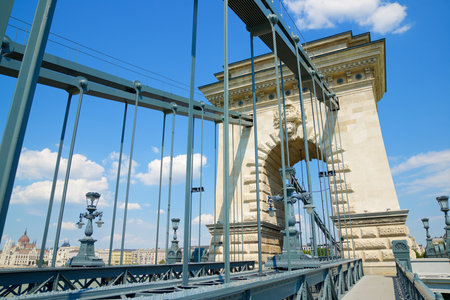 Szechenyi Chain Bridge over Danube river in Budapest, Hungaryの写真素材