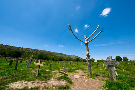 Tombs in Sad Hill cemetery, spaghetti western film location, the good, the bad and the Ugly, in Burgos Province, Spainの写真素材