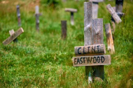 Tombs in Sad Hill cemetery, spaghetti western film location, the good, the bad and the Ugly, in Burgos Province, Spainの写真素材