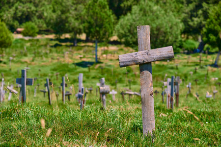 Tombs in Sad Hill cemetery, spaghetti western film location, the good, the bad and the Ugly, in Burgos Province, Spainの写真素材