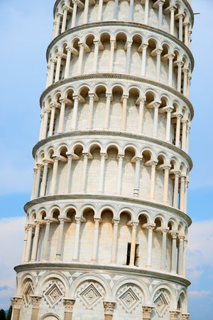 Close up view of the Leaning Tower of Pisa in Italy.の写真素材