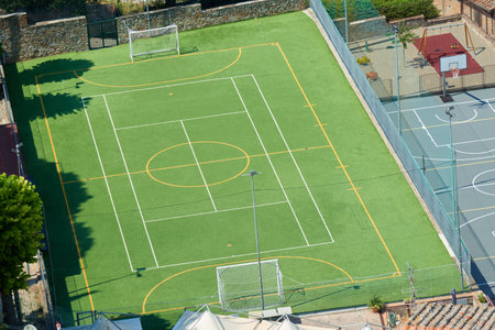 Aerial view of a soccer field in Italyの写真素材