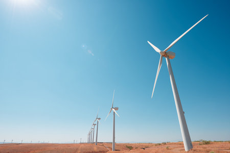 Windmills for renewable electrical production and clear skyの写真素材