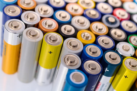 Close up of a large group of used batteries for recycling processの写真素材