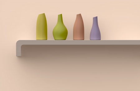 Four colored vases on the shelf の写真素材