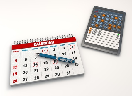Calendar with pen and tablet computerの写真素材