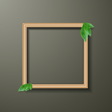 Square wooden picture frame with fresh leavesのイラスト素材